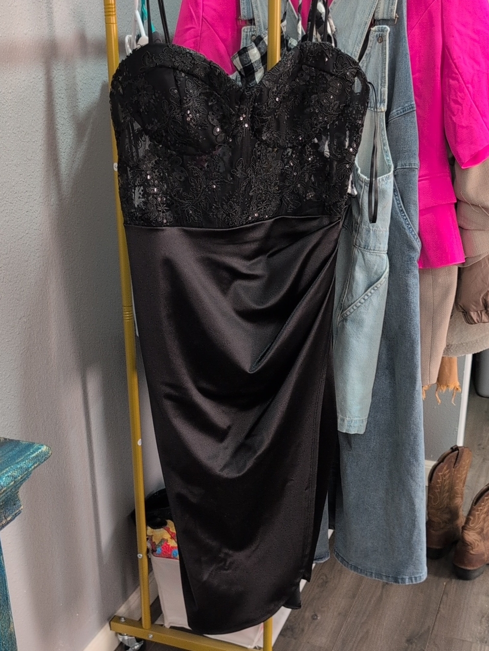B Darlin Black Strapless Lace & Satin Evening Gown